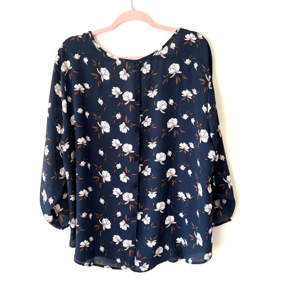Lush Womens Semi Sheer Button Back Blouse Navy Blue Floral Size 2X Boho Cottage - Picture 2 of 5